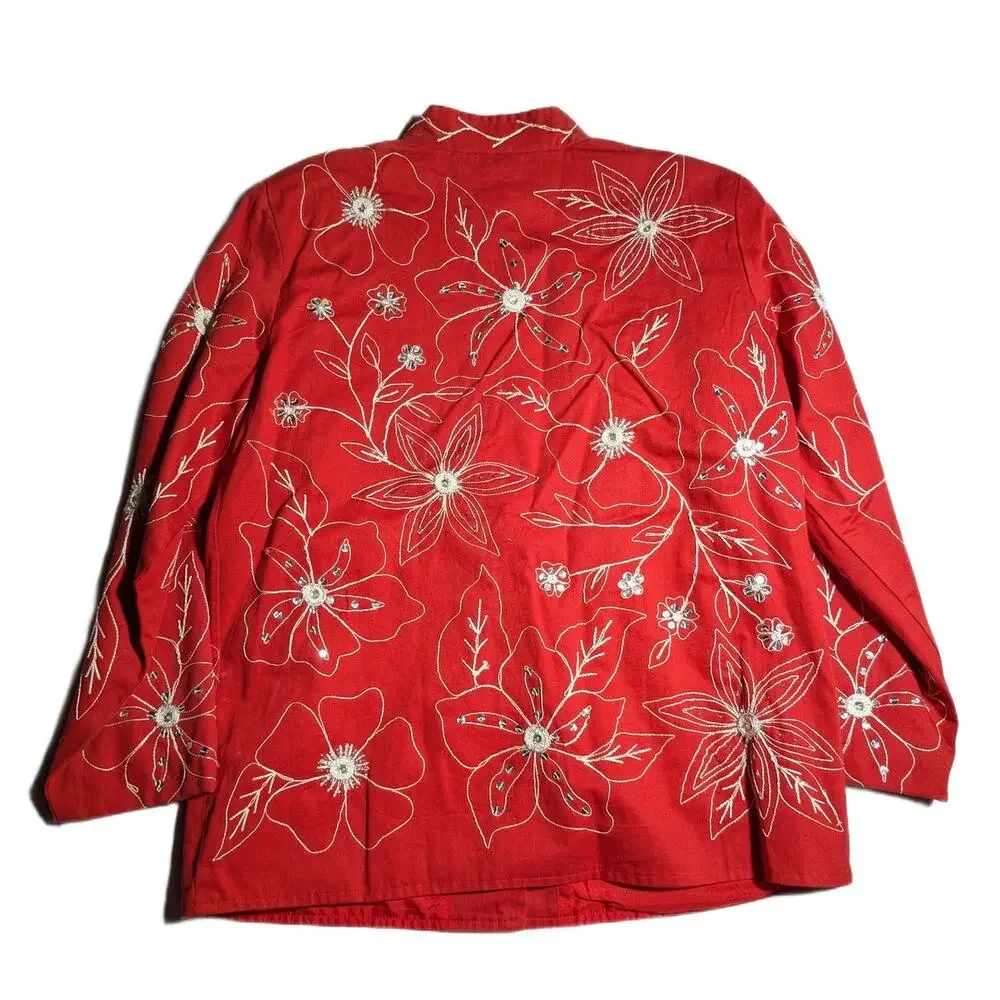 Vtg Y2K Indigo Moon Red White Floral Embroidered Mandarin Collar Jacket Sz S